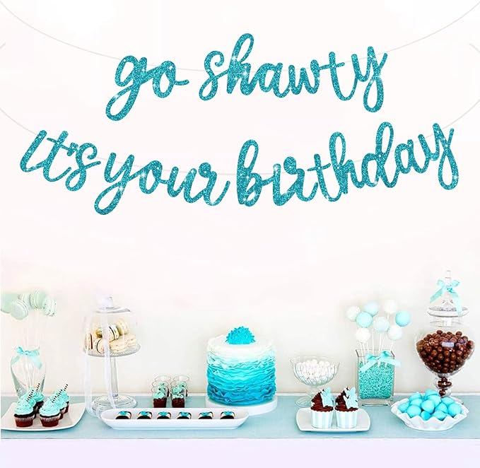BEISHIDA Light Blue Go Shawty It's Your Birthday Banner - NO DIY - Hip Hop Theme Glitter Happy Birthday Banner - Pre-Strung - Light Blue Rap Theme Happy Birthday Sign for Man Women birthday Party