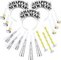 Lenwen 18 Pcs Happy New Years Eve Party Supplies New Year Noise Makers Headband Tiara Party Horn Blowers Whistles Fringed Noisemaker Novelty Favors for Adult Decoration(Silver)