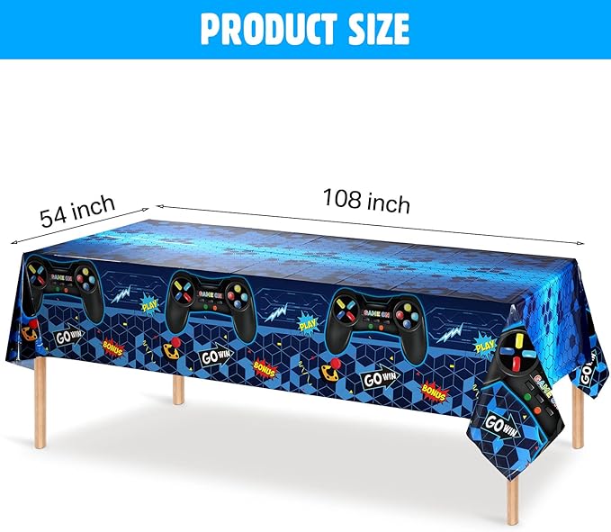 Tatuo 1 Pcs Video Game Table Cover, Game Theme Birthday Decoration Plastic Table Cloth Party Supplies for Boys Girls Kids Player Geek Party Decorations, 54 x 108 Inch (Blue)
