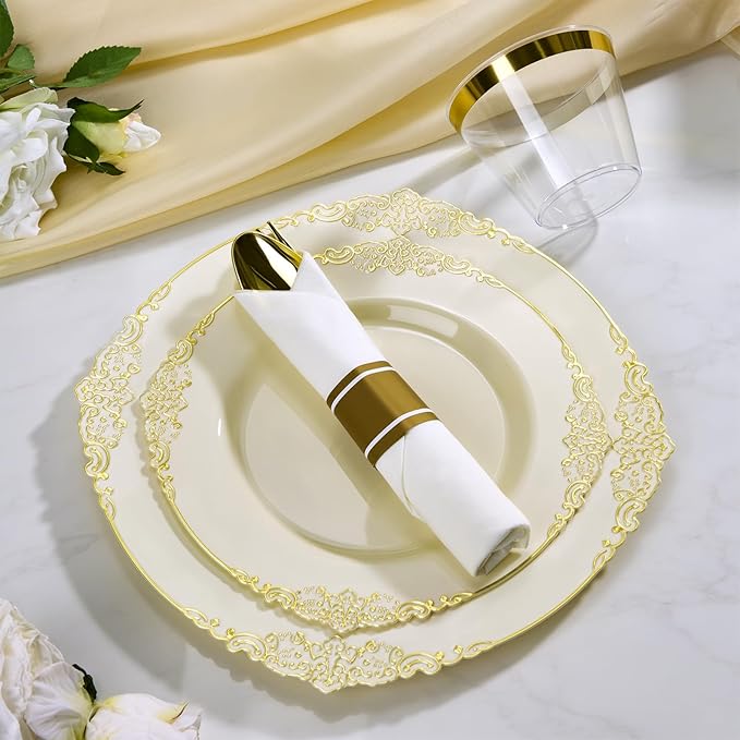 350PCS Ivory Plastic Plates for 50 Guests, Disposable Dinnerware Sets Include 100 Gold Rim Plastic Plates, 50 Silverwares, 50 Cups, and 50 Pre Rolled Napkins for Party, Wedding, Graduation