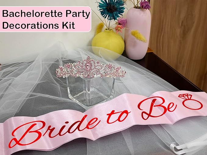 JETKONG 3 Pcs Bachelorette Party Decorations Bridal Shower Crown, Bride to Be Sash&Veil for Women Bachelorette Party Gifts, Bachelorette Party Supplies, Gifts, Favors (Pink)
