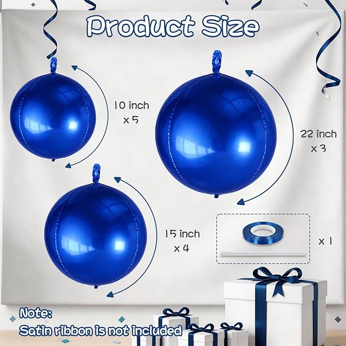 Togvu Navy Blue Round Foil Balloons, 12PCS Different Sizes 4D Metallic Balloon Large Navy Sphere Mirror Ball Balloons for Prom Graduation New Year Birthday Party Ceiling Decorations Supplies