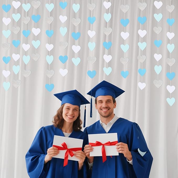 GCQQ Light Blue White Party Decoration - 52FT Glitter Blue Sliver Heart Garland 4 Packs Boy Girl Birthday Hanging Streamers for Valentine's Day Wedding Bachelorette Bridal Baby Shower Graduation Decor