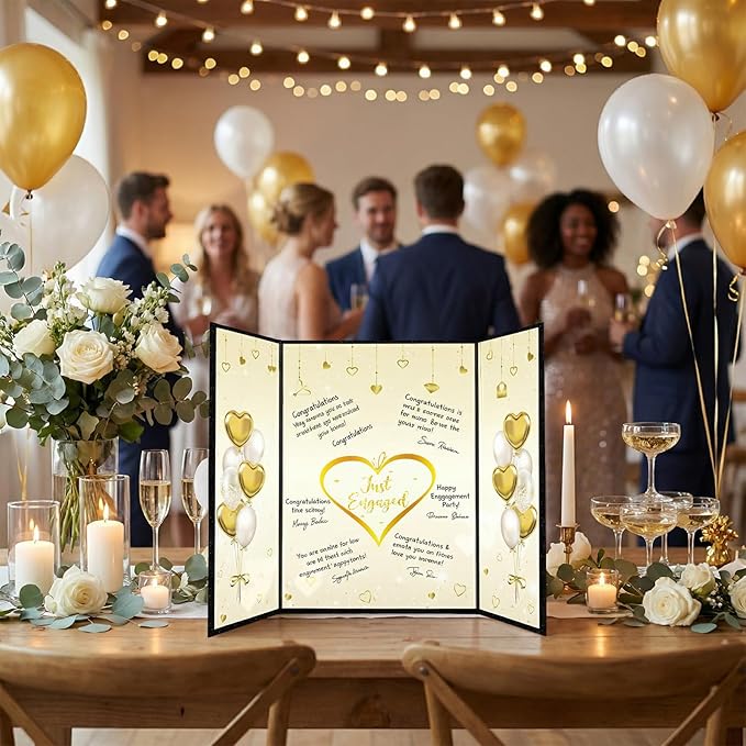 WSICSE Black Gold Engagement Party Decorations, Happy Engagement Signature Guest Book for Men Women Large Engagement Guestbook Gifts Signing Card Board Party Supply(16.7" × 11.8")