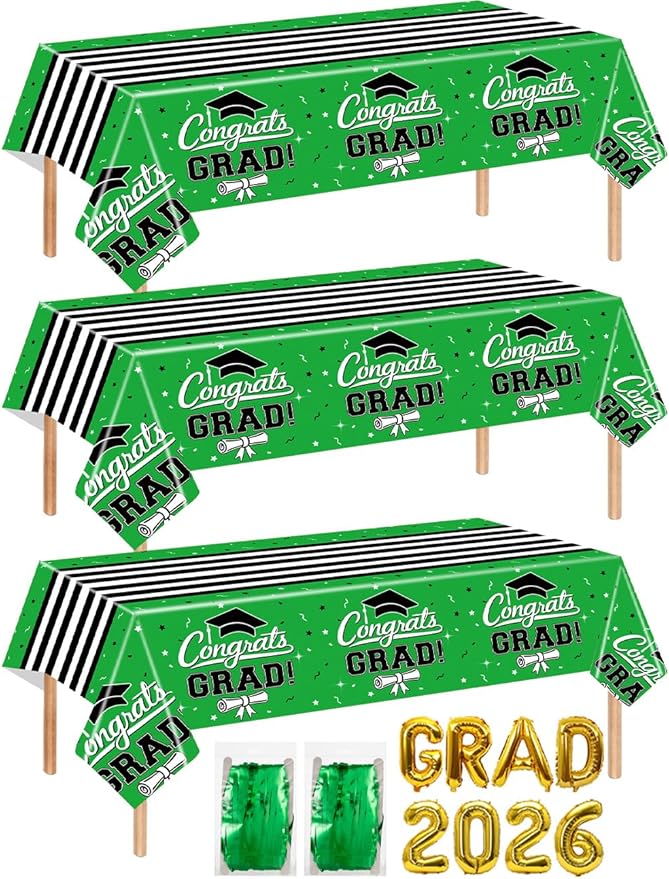 7-Pack Graduation Party Decorations Set, 3 Green Graduation Tablecloths 54x108in, 2026 And GRAD Balloons, 2 Foil Fringe Curtains for High School College Graduation Party Photo Booth