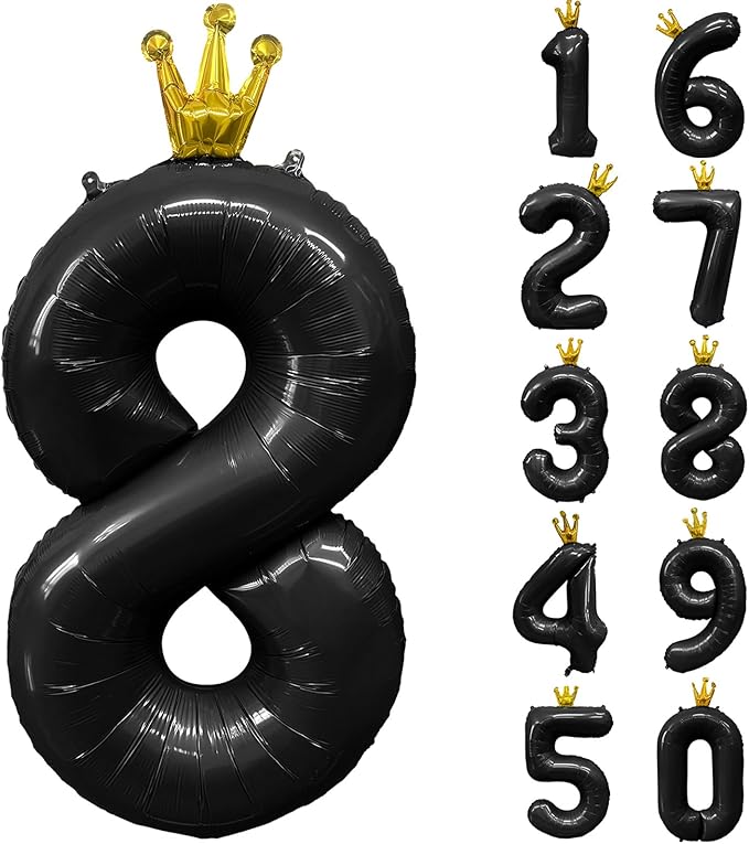 Black Number 8 Balloon with Crown, 40 inch Black Number Balloon 8th Birthday Party Decoration black Crown Balloons 0-9 for Birthday Party Anniversary Decorations Supplies