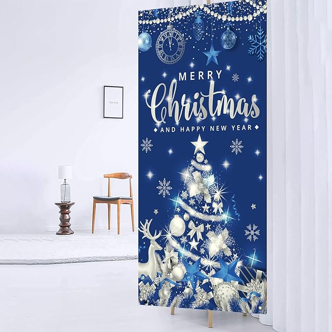 Christmas Party Decorations Large Size Merry Christmas and Happy New Year Door Banner for Xmas Party Decorations, 71x35 Inches (Blue Silver)
