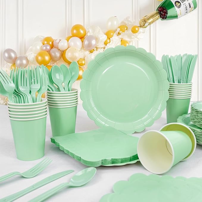 LIYH Love in your heart 350 Pcs Sage Green Party Supplies - Mint Green Paper Plates and Napkins, 50 Guests