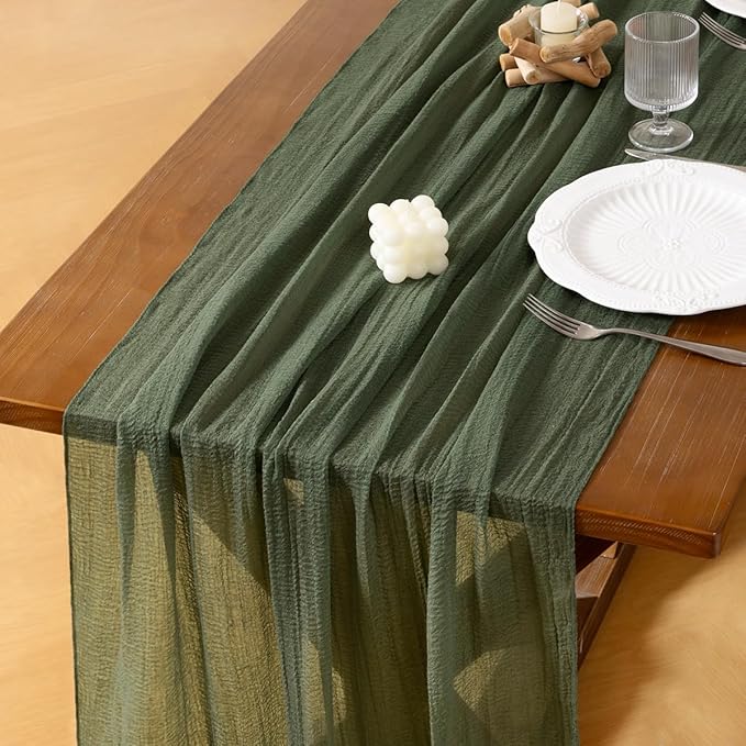 Socomi 3pcs Green Cheesecloth Table Runner Olive Easter Spring Gauze 120 Inch Rustic Boho Cheese Cloth Runner for Wedding Party Baby Bridal Shower Centerpiece Decoration Holiday Home Decorations