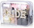 Etercycle Bride Clear Makeup Bag, Bridal Shower Gifts Engagement Cosmetic Bag, Bling Pearl Rhinestone Letter Patches Waterproof PVC Travel Organizer for Women Wedding Bachelorette Party (Gold)