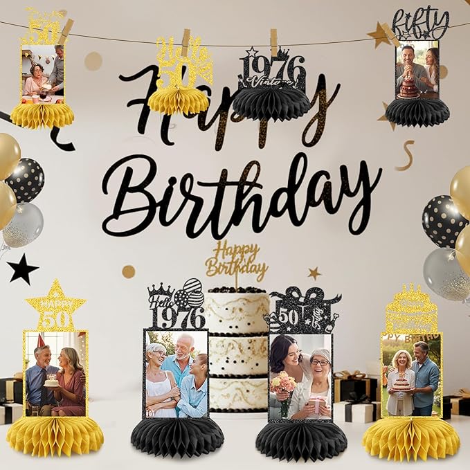 8Pcs 50th Birthday Decoration for Men Women 50th Birthday Table Decorations Cheers to 50th Birthday Honeycomb Centerpieces Table Topper Black and Gold 50th Birthday Party Favors