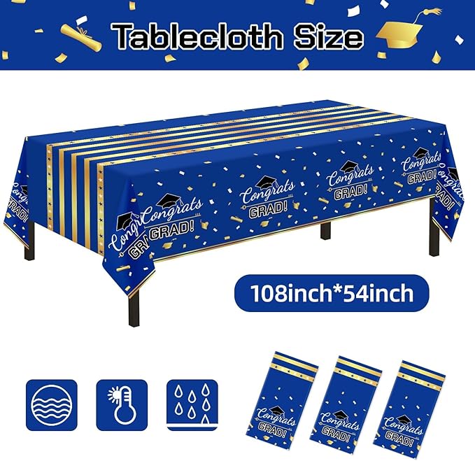 Childom 3 Pack Graduation Tablecloth,Graduation Decorations Class of 2026 Graduation Party Decorations,54"x108" Blue and Gold Plastic Table Cloth Disposable Rectangle for Home,School,Party Supplies