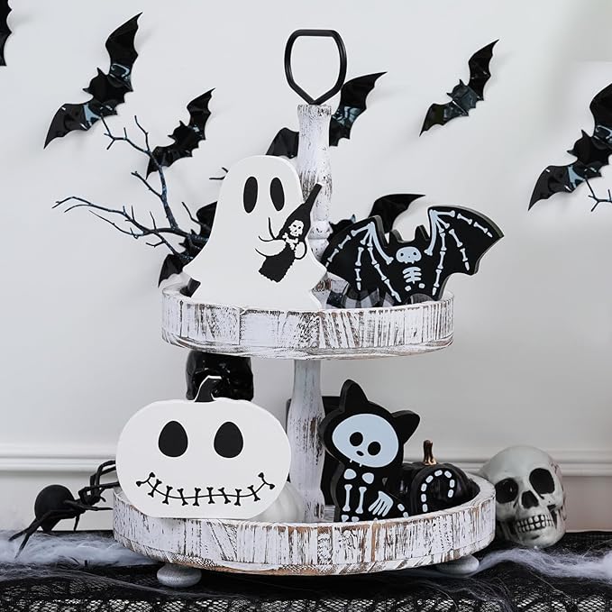 4PCS Halloween Decorations Indoor, Halloween Tiered Tray Decor Table Sign, Halloween Wooden Signs Ghost Bat Pumpkin Cat Blocks Signs, Table Decor Halloween Party Decorations for Mantle Home Shelf