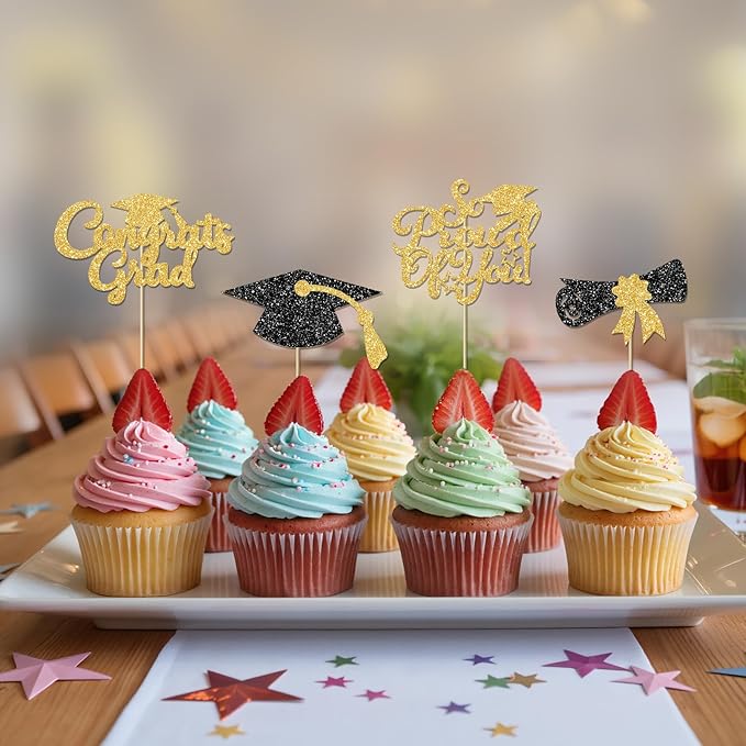 24Pcs Black Gold Graduation Cupcake Toppers 2026, Glitter Grad Cap Diploma Congrats Grad We Are So Proud of You Cupcake Toppers for Class of 2026 Graduation Party Decorations.