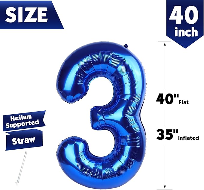 40 Inch Metallic Blue Number 3 Balloon, Giant 3 Number Balloons for 3rd Birthday Decorations, Party Supplies for Baby Boy Girl, Metallic Blue Party Decor
