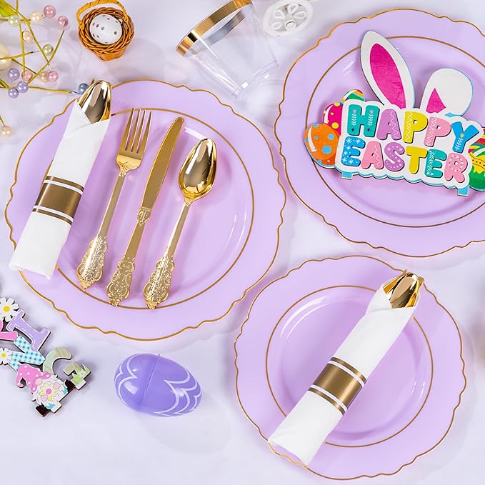 Liacere 350PCS Purple Plastic Plates - Disposable Lavender Plates 50guest Plastic Dinnerware include 100Light purple Plates,50Pack Pre Rolled Napkins Silverware 50Cups for Easter Day