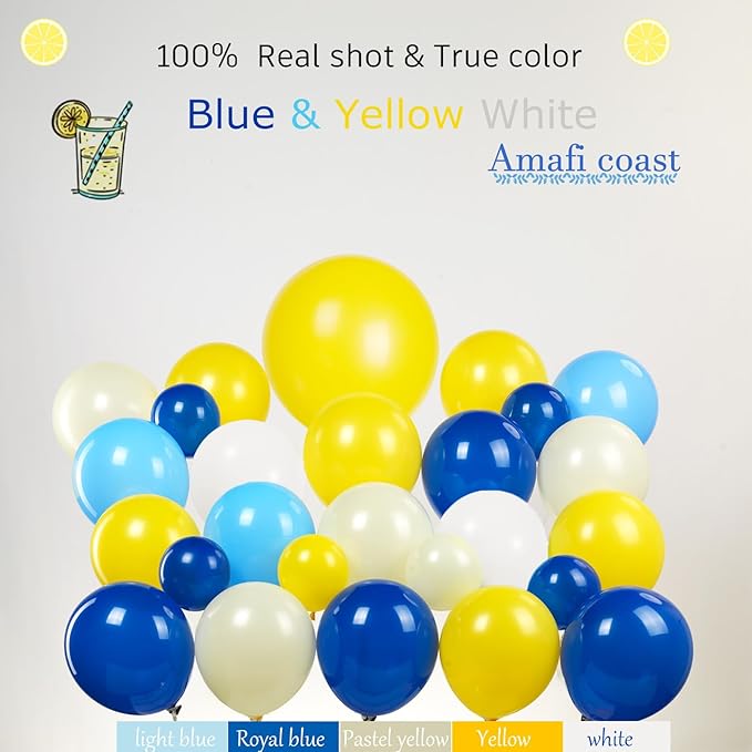 Lemon party decorations with Royal Blue Yellow White balloon arch kit Lemon foil balloons Banner Backdrop for bachelorette bridal shower capri italian amalfi coast wedding Bride to be decorations