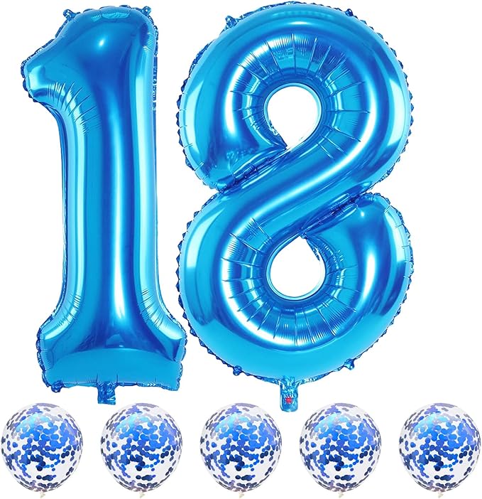 Large 18 Balloon Number Blue, 40 Inch Helium Foil Number 1 & 8 Balloons Self Inflating with Blue Confetti Balloons Set for Boys Men 18th 81th Birthday Party Balloons Decorations/Anniversary Supplies