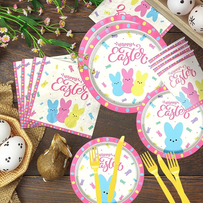 Easter Party Supplies,142Pcs Easter Party Plates,Napkins,Tablecloths Spring Colorful Bunny Tableware Decoration for Spring Holiday Party Favors