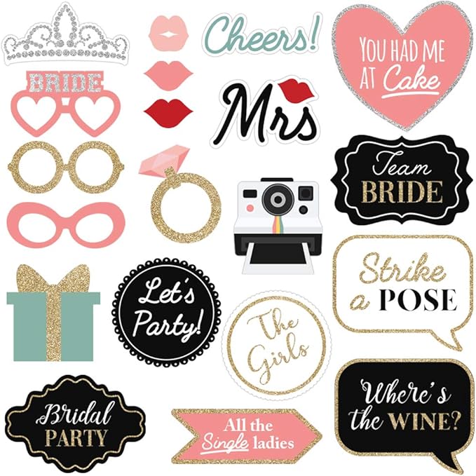 Fully Assembled Wedding Photo Booth Props - Set of 40 - Gold, Pink, Teal, & Silver Selfie Signs - Wedding Party Supplies & Decorations - Cute Designs with Real Glitter - Did We Mention No DIY