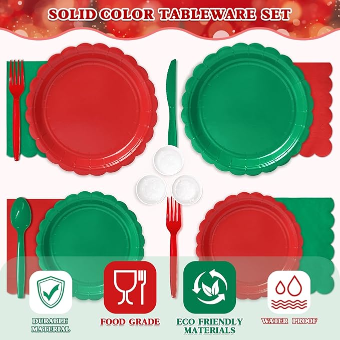 Vyntra 350 Pcs Red and Green Disposable Paper Plates and Napkins Set for 50, 9" Dinner Plates & 7" Dessert Plates, Tableware for Christmas Party, Holiday Dinner