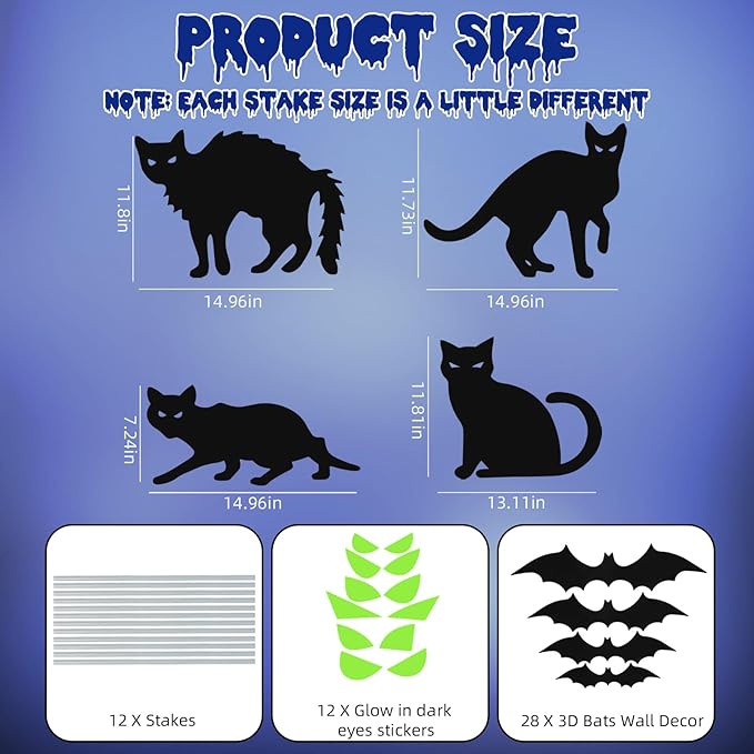 Halloween Decorations Outdoor,6Pcs Flordeluna Black Cat Yard Signs with Stakes, Glow in the Dark Eyes and 28pcs 3D Bats Wall Decor for Outdoor Yard Lawn Patio Garden Halloween Decor