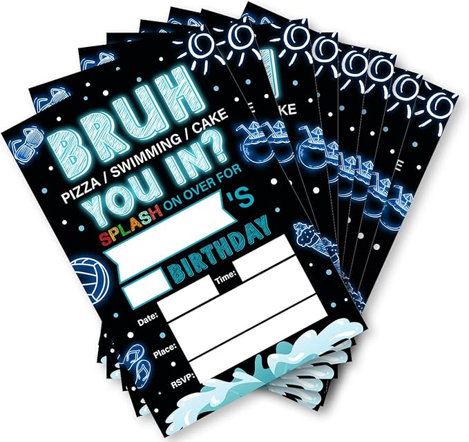 Soiceu Neon Teen Boy Pool Birthday Invitations Bruh Pool Birthday Party Invites Teenager Birthday Invitations with Envelopes Set of 20
