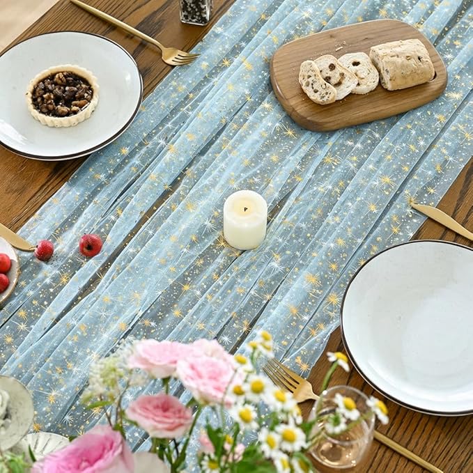 Horaldaily Blue Gold Sparkling Star Gauze Tablecloth 60x84 Inch Rectangular, Golden Star Sequin Glitter Metallic Foil, Sheer Tulle Cheesecloth for Wedding Baby Shower Party