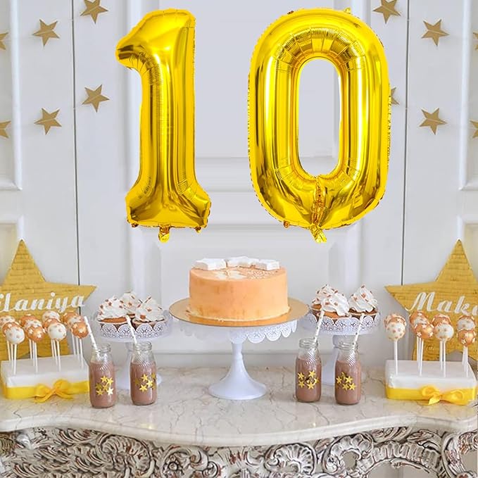 SINBEE Gold 10 Number Balloon, 40 Inch Mylar Foil Reusable Party Decoration for Birthday, Anniversary, Ceremony, Business Event