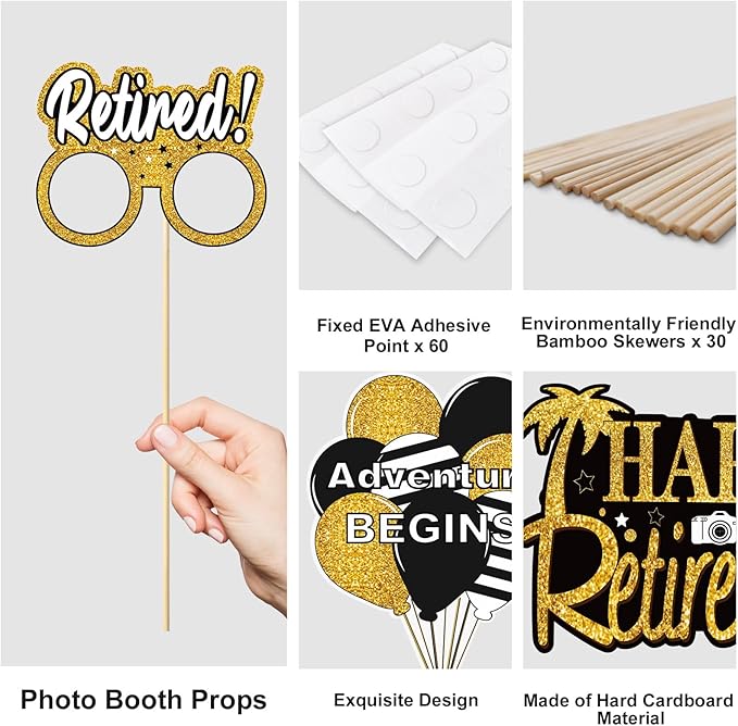 30Pcs Happy Retirement Party Decorations for Men Women, Black Gold Retirement Photo Booth Props, Cheers to Retirement Party Supplies, We Will Miss You Retirement Party Sign