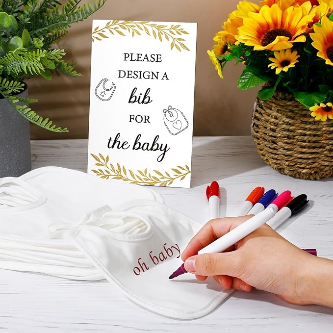 Panitay 43 Pcs Baby Shower Games White Bibs Design, Include Wooden Baby Shower Game Sign, 30 DIY Blank White Bibs, 12 Markers for Gender Reveal Party Decorating Supplies(Golden Leaf)
