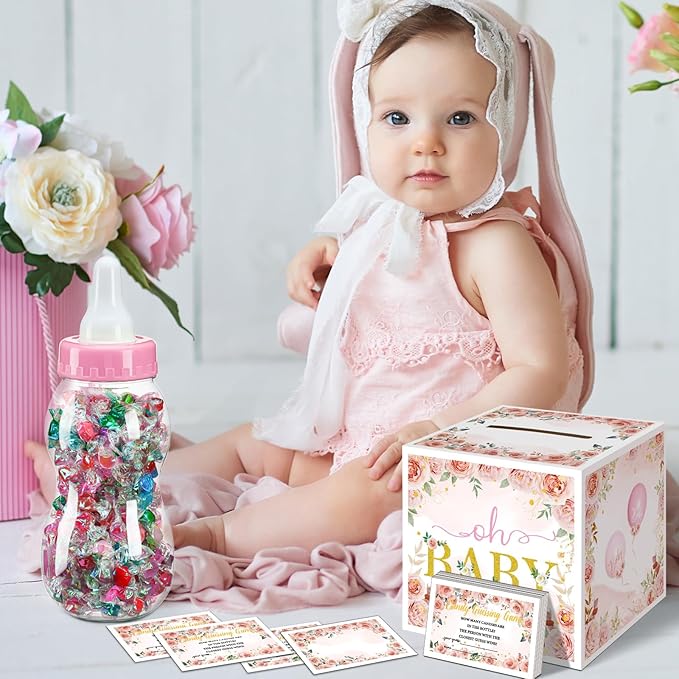 Glenmal 52 Pcs Baby Shower Games Gift Sets Large Baby Bottle for Shower Game Guess How Many Candies Decorations for Gender Reveal(Flower)