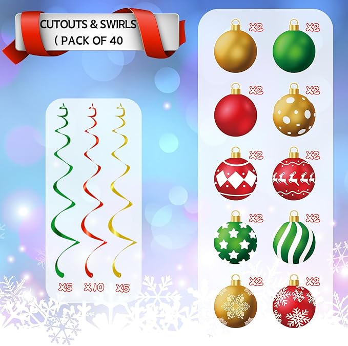 YQUQWN 48 Pcs Christmas Hanging Swirl Decorations - Red, Green, Gold Snowflake Elk Balls Swirls for Holiday Parties Christmas Tree Home Office Classroom - Xmas Winter Holiday Ceiling Decor