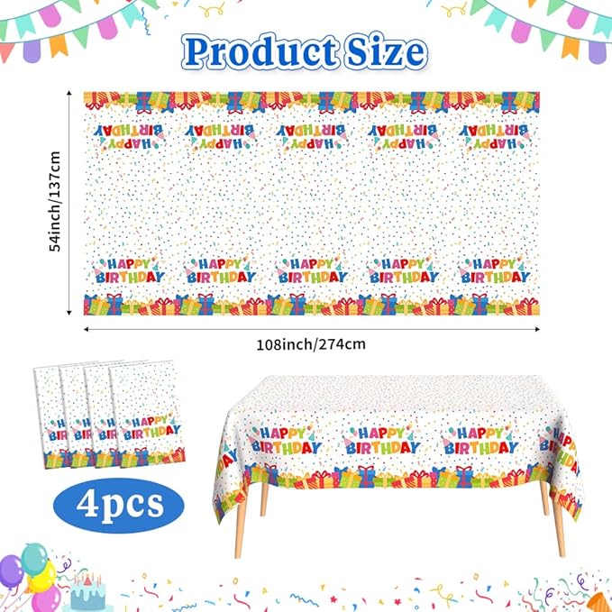 Birthday Tablecloth, 4 PCS Birthday Table Cloths 54'' x 108'' Disposable Birthdays Table Cover Waterproof Plastic TableCloth Rectangle Party Tablecloths for Kid’s Happy Birthdays Party Decorations