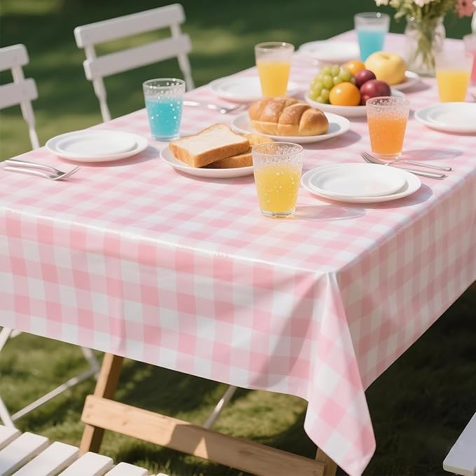 3 Packs Pink Checkered Tablecloth 54 x 108 Inch Disposable Picnic Table Cloths Waterproof Rectangular Plaid Tablecloth for Birthday Carnivals Parties
