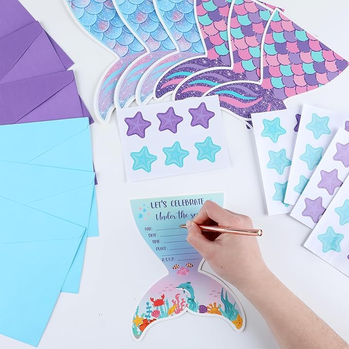 Qyeahkj 36 Sets Mermaid Birthday Invitations with Mermaid Envelopes Stickers Little Mermaid Invitations for Kids Birthday Mermaid Party Baby Shower Decoration Pool Party Supplies