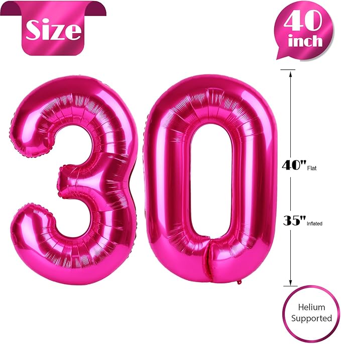 30 Balloon Number, Hot Pink Number 30th Birthday Balloons 40 Inch, 30 Years Old Hot Pink Birthday Decorations for Men Women, 30th Anniversary Decorations
