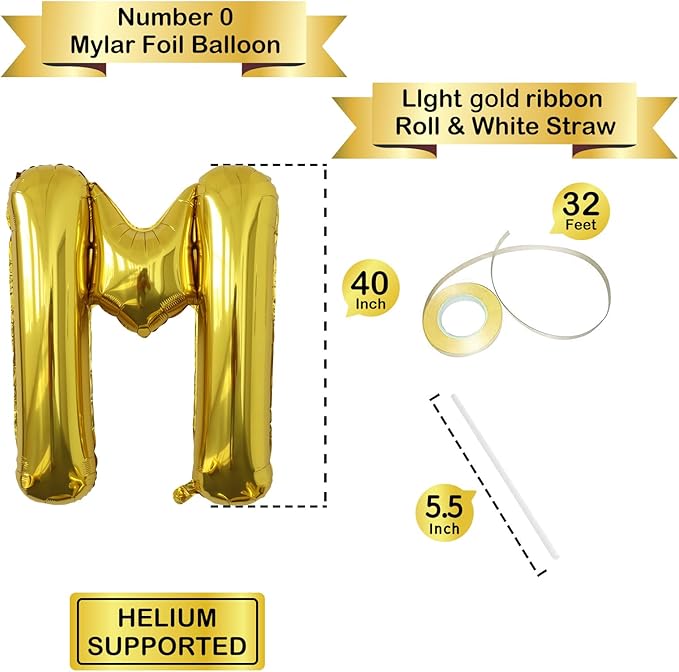 Letter Balloons Gold Party Balloon - 40 Inch Large Gold Letter M Balloon, Letter Balloon Birthday Decorations, Balloon for Women Men Anniversary Party Decorations Supplies