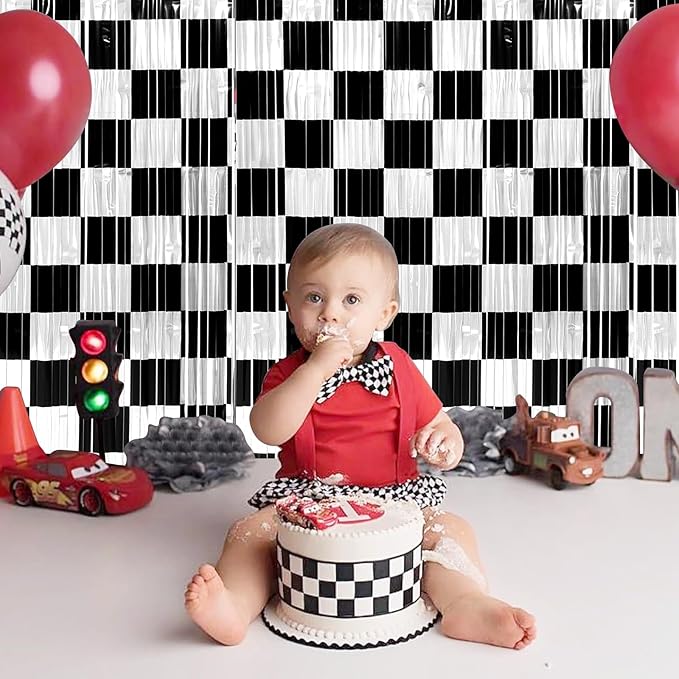 6 Pack 3.3Ft x 6.6Ft Race Car Checkered Foil Fringe Curtain Backdrop Decorations, Black White Metallic Tinsel Foil Streamers Curtain Photo Booth for Race Car One Happy Dude Birthday Party Decorations