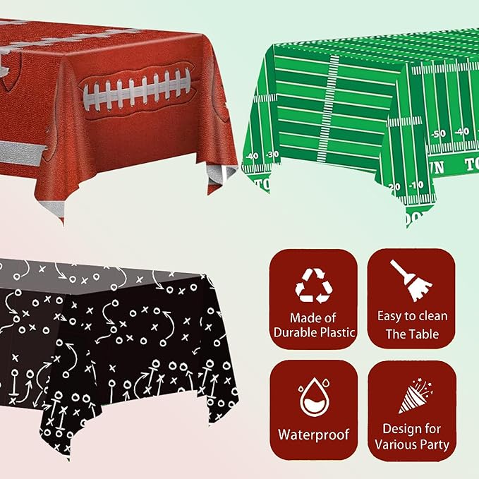 OQOQ Football Party Decorations Table Cloth(3 Packs), 108x54 Inches Football Theme Disposable Tablecloth Plastic Table Cover for Birthday Super Bowl Games Decor