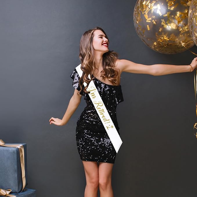 I'm Retired Sash, White Sash with Gold Glitter - Happy Retirement Farewell Party Decor - Retirement Gifts for Men and Women