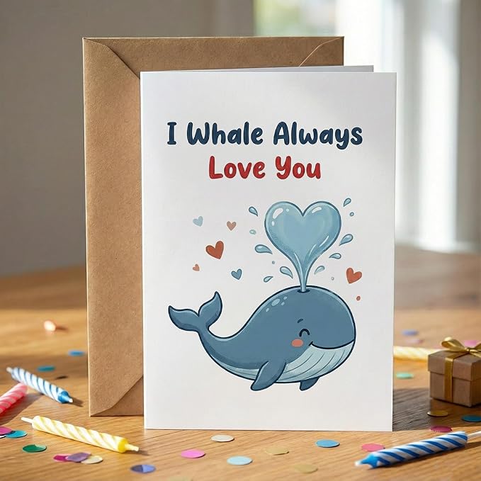 KINGNAME Cute Whale Pun Love Card for Wife Husband Partner, I Whale Always Love You, Romantic Anniversary Valentine's Day Greeting Card for Him Her