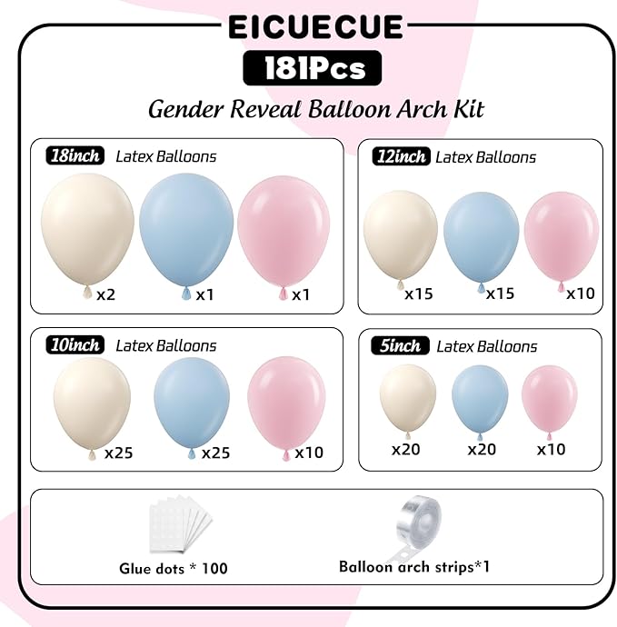 Gender Reveal Balloons Garland Arch Kit 154Pcs - 5 10 12 18 inch Different Size Pink Blue Sand White Balloon for Gender Reveal Boho Bachelorette Birthday Wedding Neutral Theme Decoration