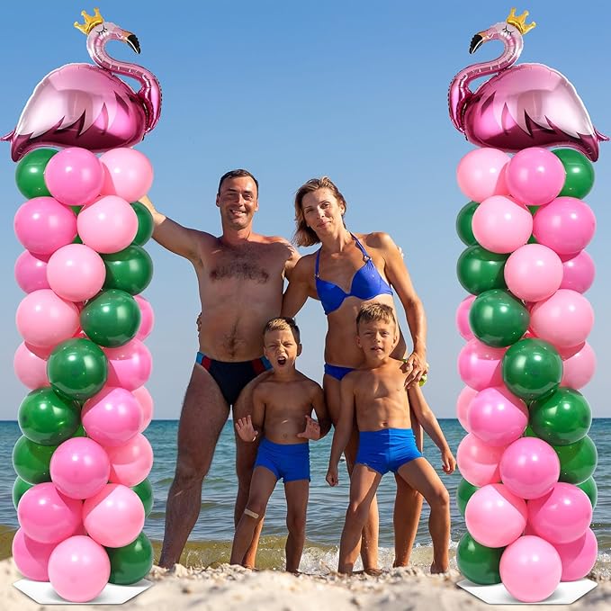 2 Sets Tropical Flamingo Balloon Column Stand Kit with 102 Pink Green Flamingo Foil Balloons Animal 5.57ft Adjustable Balloon Tower Stand with Bases Adjustable Arch Column for Luau Party Decor