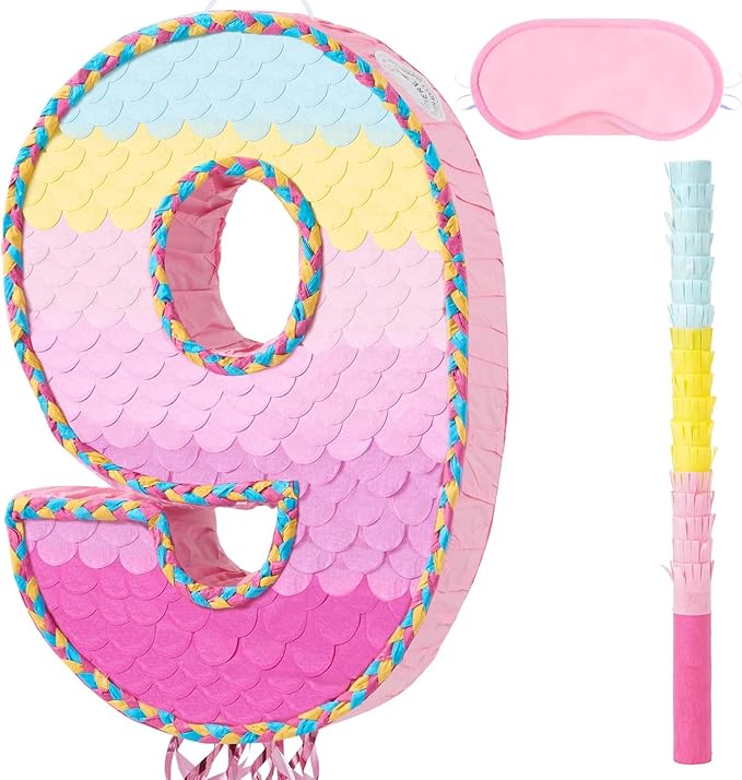 WERNNSAI Number 9 Piñata – Pink 9th Birthday Party Decorations Rainbow Ombre Nine Piñata for kids girls with Blindfold and Stick for 9 Year Birthday Supplies Princess Anniversary Decoration