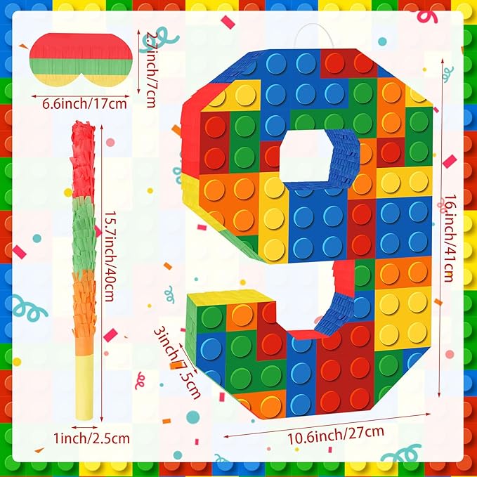 Number 9 Pinata Building Blocks 9th Birthday Party Decorations with Pinata Stick Blindfold for Kids Happy Birthday Building Block Theme Party Supplies for Boys Girls (16 x 10.6 x 3 In)