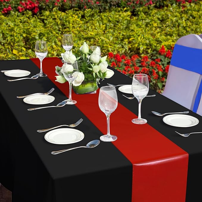 12Pack 12x108 Inch Satin Table Runner and 54x108Inch Plastic Tablecloths Set Black and Red Disposable Rectangle Table Cover for Graduation Wedding Bridal Shower Anniversary Birthday Party Decorations
