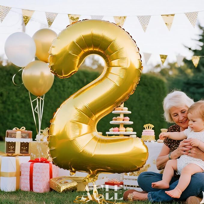 AULE 40 Inch Big Gold 2 Balloon Number Large Foil Helium Number Balloons 0-9 Jumbo Giant Happy 2nd Birthday Party Decorations for Boy or Girl Huge Mylar Anniversary Party Supplies