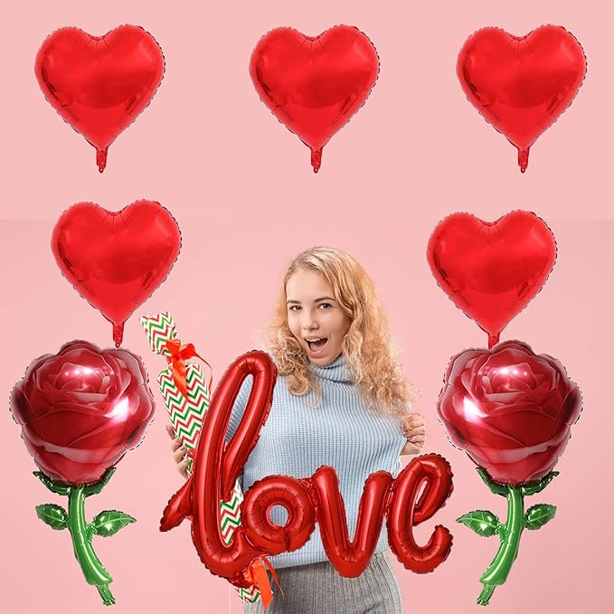 Valentine Balloons Red Love Balloons Red Heart Balloons and Red Rose Balloons Valentine Party Balloons for Valentine Day Decoration Special Night Party Decorations Theme Supplies Balloon Sets-8 PCS