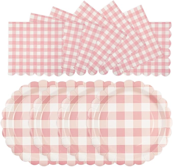 50PCS Light Pink Gingham Party Supplies - 7Inch Scalloped Dessert Paper Plates and Napkins Set Disposable Plaid Dinner Party Set for Valentine's Day Baby Shower Birthday Wedding, Serve 25